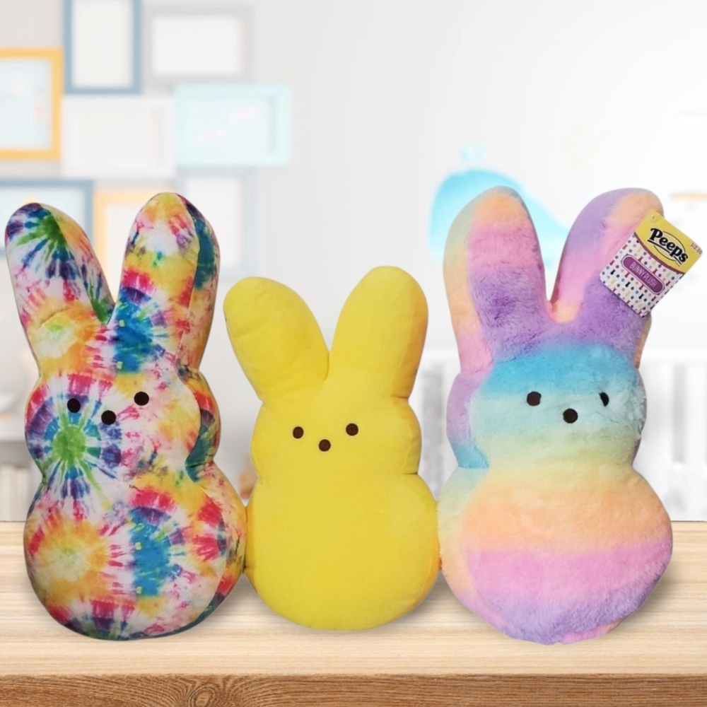 3 PEEPS Pastel Rainbow + Tie-dye + Yellow Plush Bunny 17" & 15" Easter Rabbit
